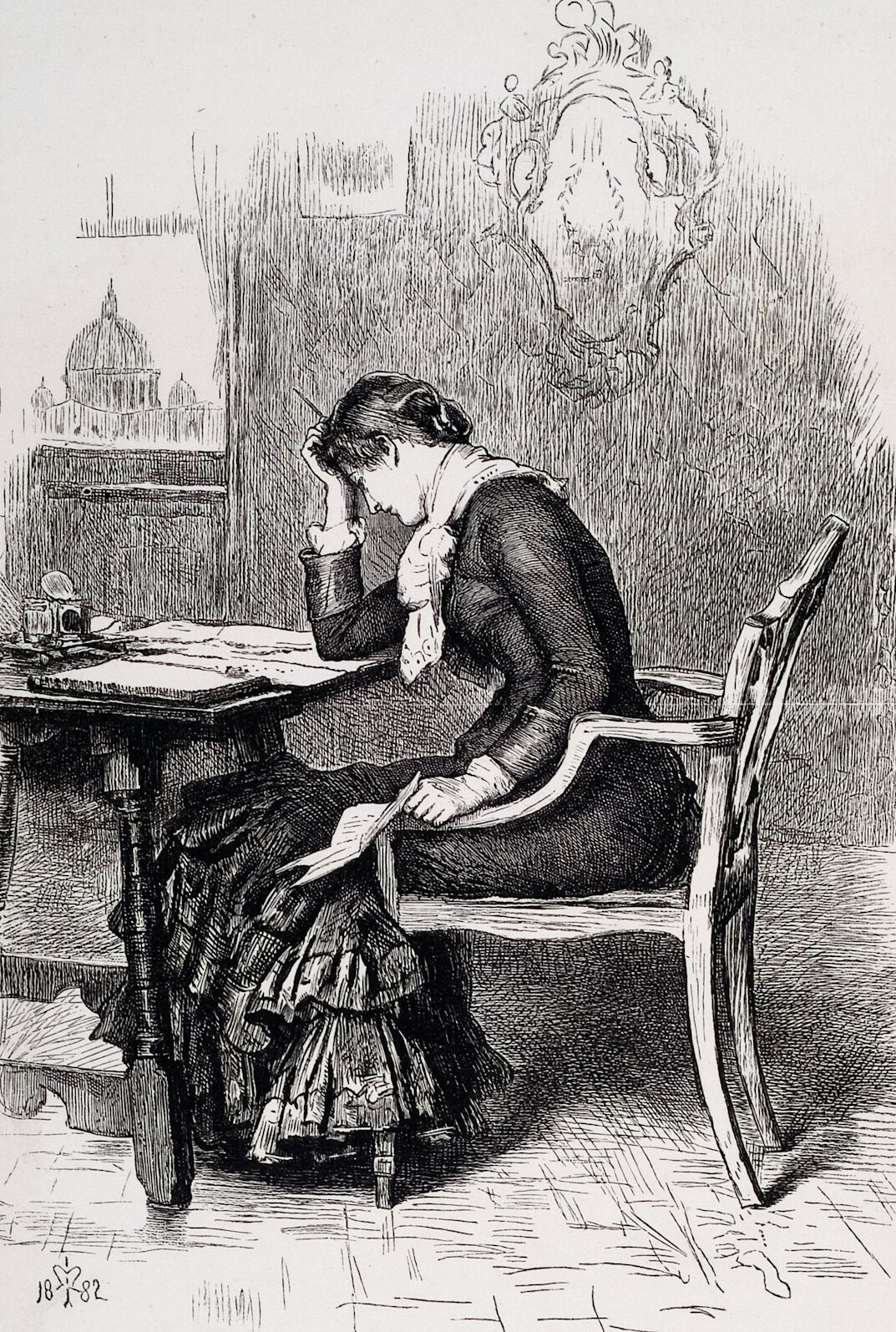 Brazilian woman writing a letter at a bright table